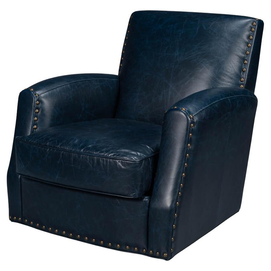 Classic Blue Leather Swivel Armchair For Sale