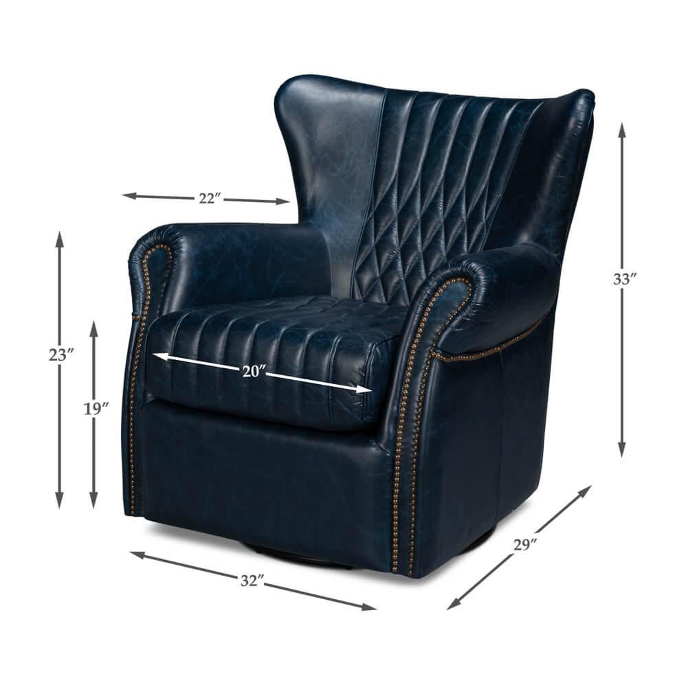 Classic Blue Leather Swivel Chair For Sale 5