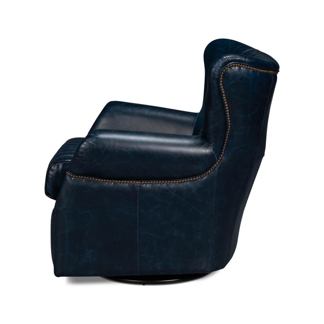 American Classical Classic Blue Leather Swivel Chair For Sale