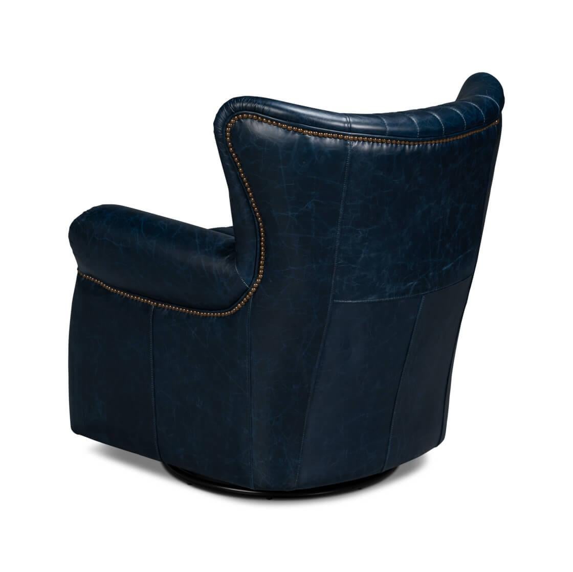 Classic Blue Leather Swivel Chair In New Condition For Sale In Westwood, NJ