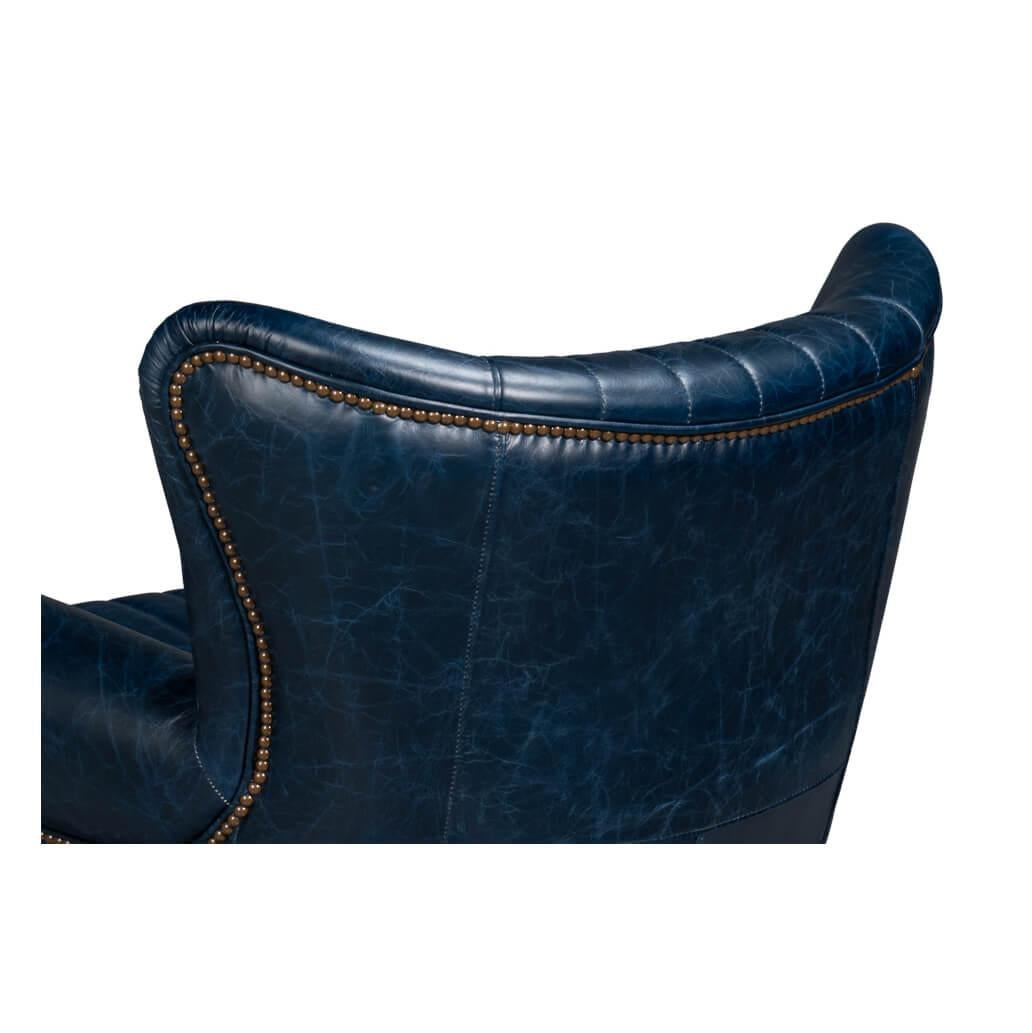 Contemporary Classic Blue Leather Swivel Chair For Sale