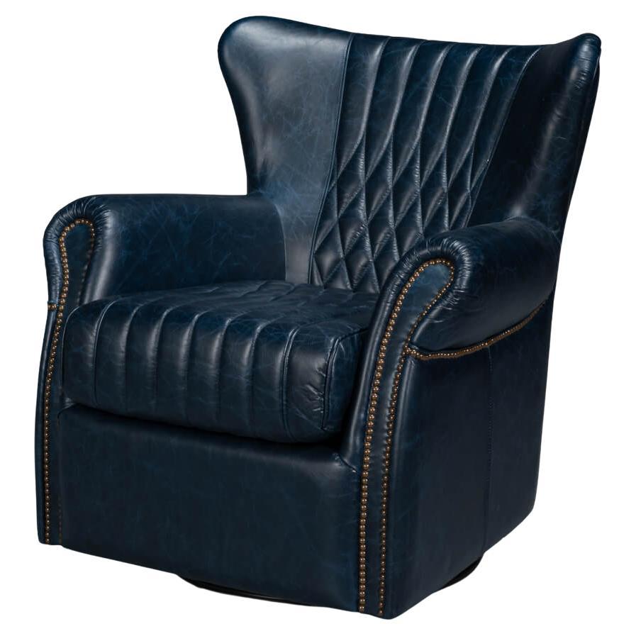 Classic Blue Leather Swivel Chair For Sale
