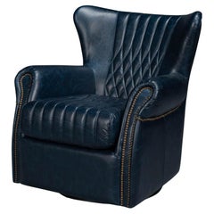 Classic Blue Leather Swivel Chair