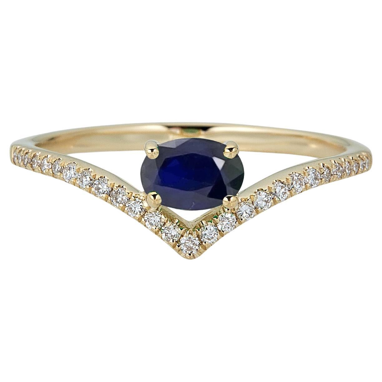 Bague en or jaune 10k saphir bleu classique taille ovale avec diamant taille ronde