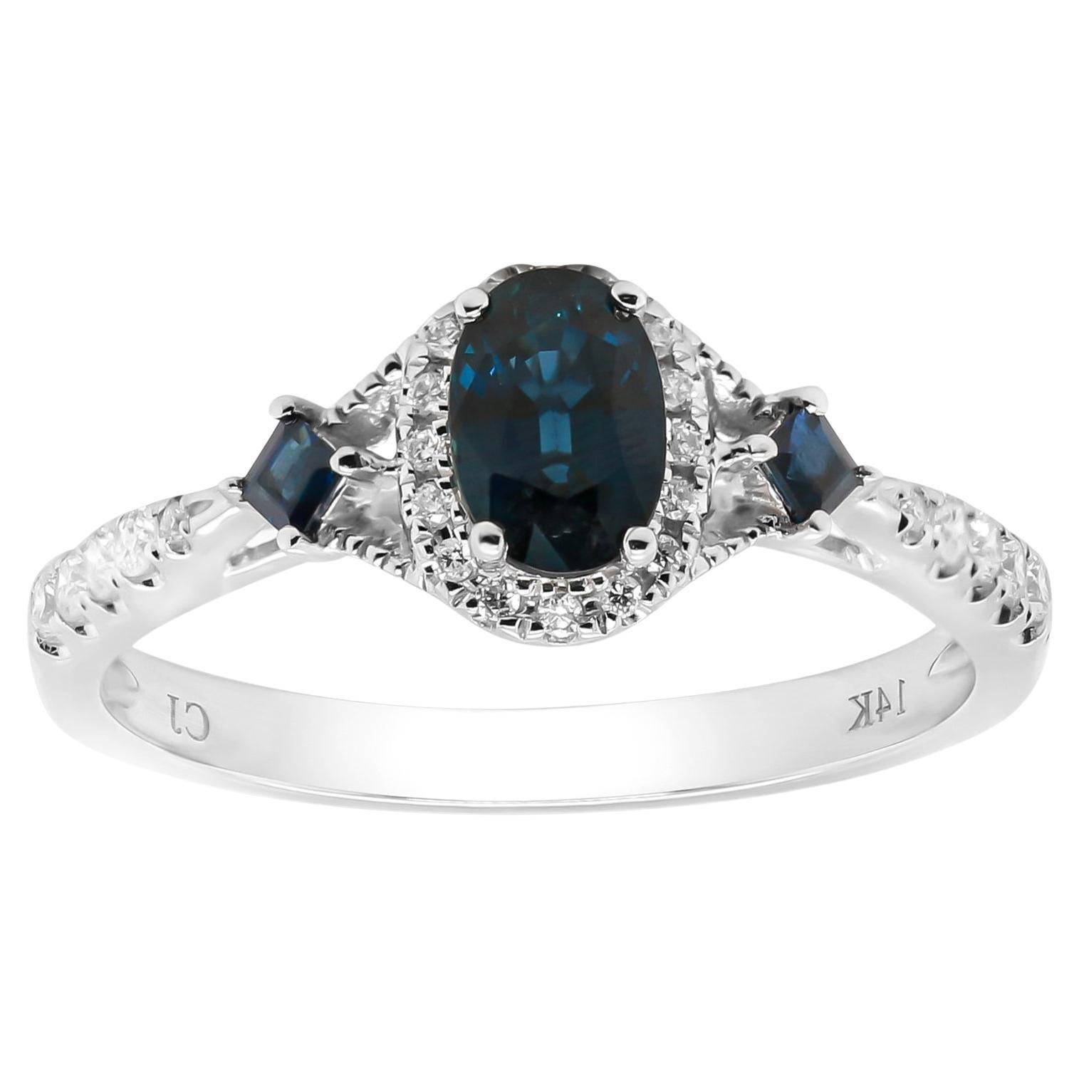 Classic Blauer Saphir 14k Weißgold Ovalschliff mit Rundschliff Diamant Akzent Ring