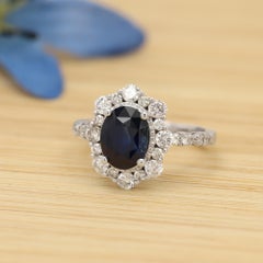 Classic Blue Sapphire 2.22ct Diamond Ring Cocktail Ring Solid 14k Gold