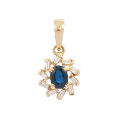 Designer Blue Sapphire and Diamond Pendant in 18K Yellow Gold