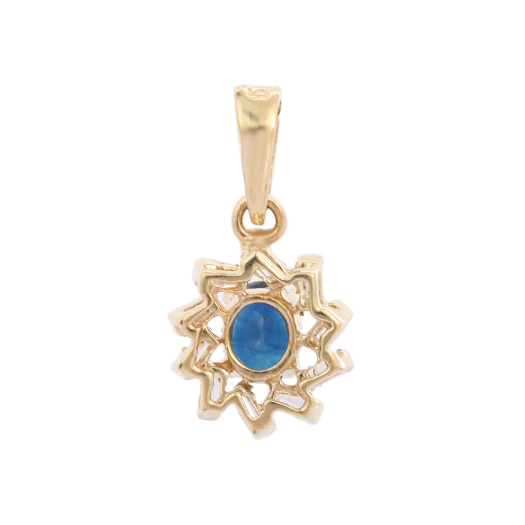 Anglo-Indian Designer Blue Sapphire and Diamond Pendant in 18K Yellow Gold For Sale