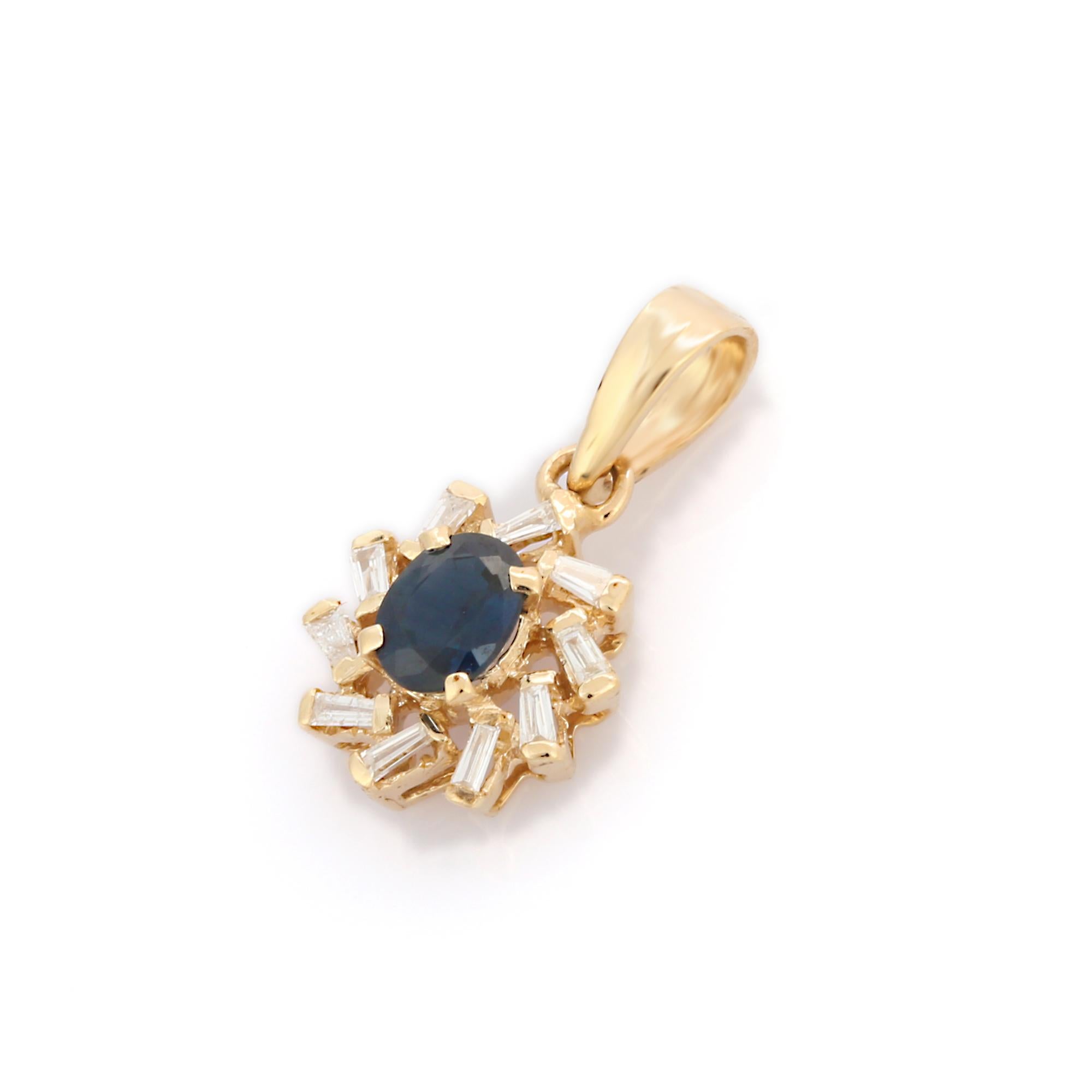 Women's Designer Blue Sapphire and Diamond Pendant in 18K Yellow Gold For Sale