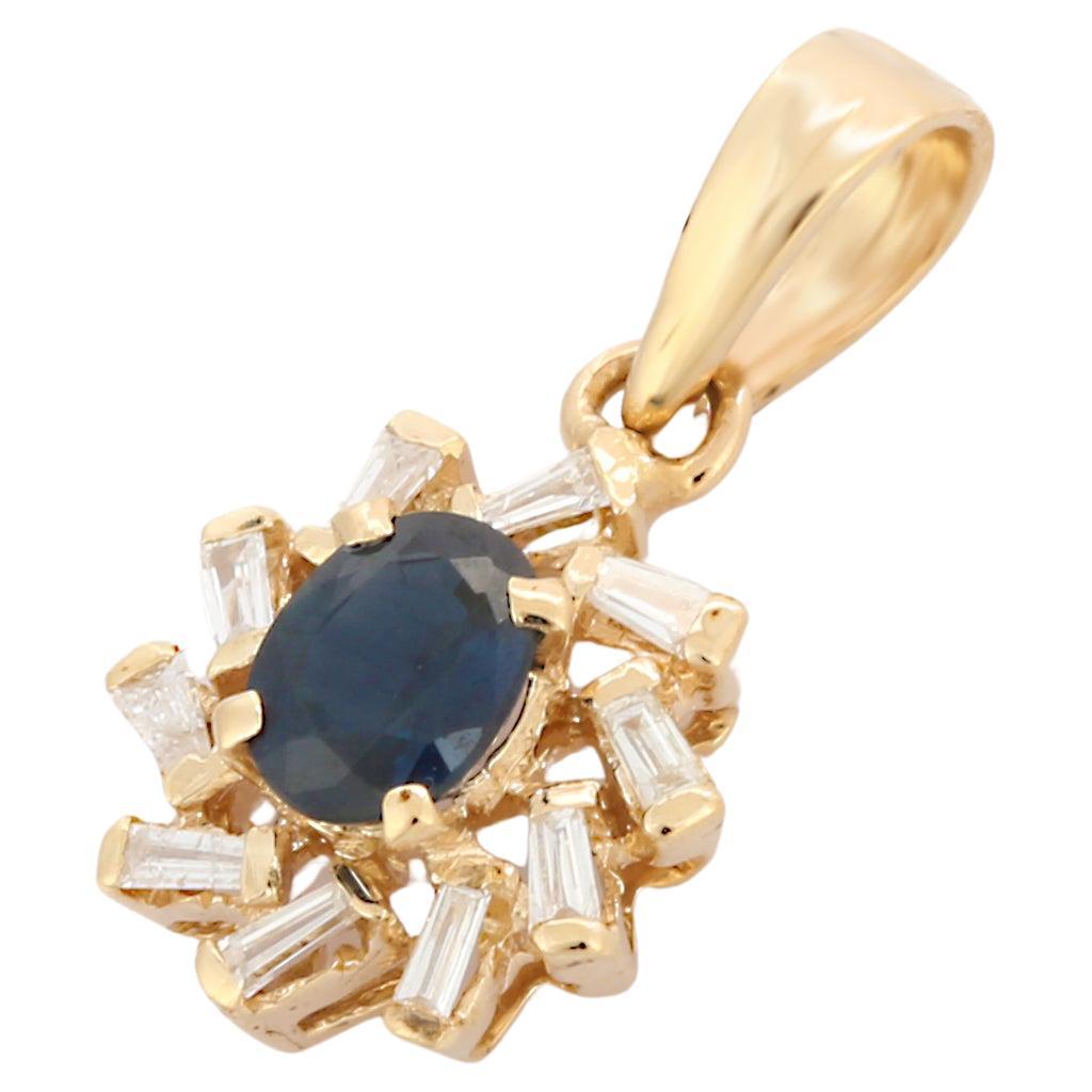 Designer Blue Sapphire and Diamond Pendant in 18K Yellow Gold For Sale