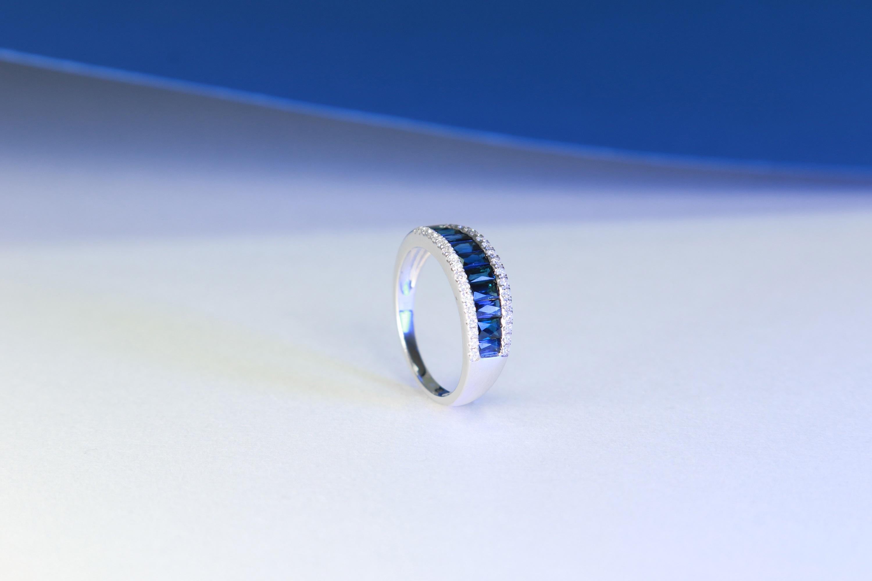Art Deco Classic Blue Sapphire Baguette Cut Round-Cut Diamond Accents 10k White Gold Ring For Sale