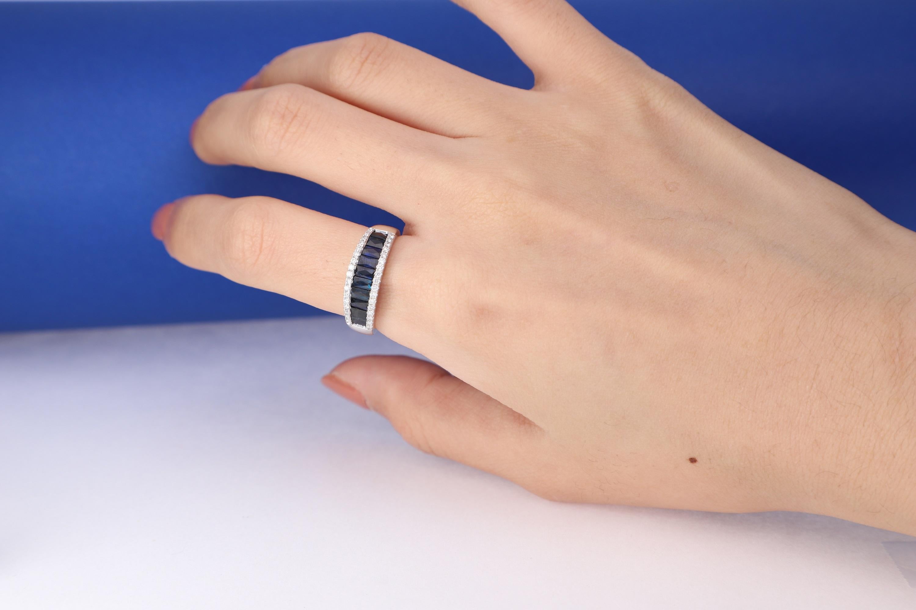 Classic Blue Sapphire Baguette Cut Round-Cut Diamond Accents 10k White Gold Ring For Sale 1