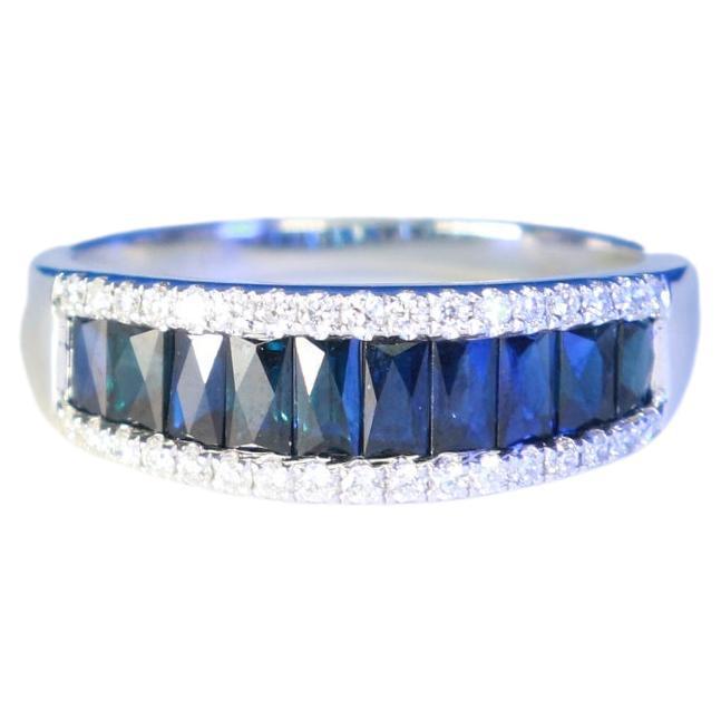 Classic Blue Sapphire Baguette Cut Round-Cut Diamond Accents 10k White Gold Ring For Sale