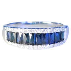 Used Classic Blue Sapphire Baguette Cut Round-Cut Diamond Accents 10k White Gold Ring