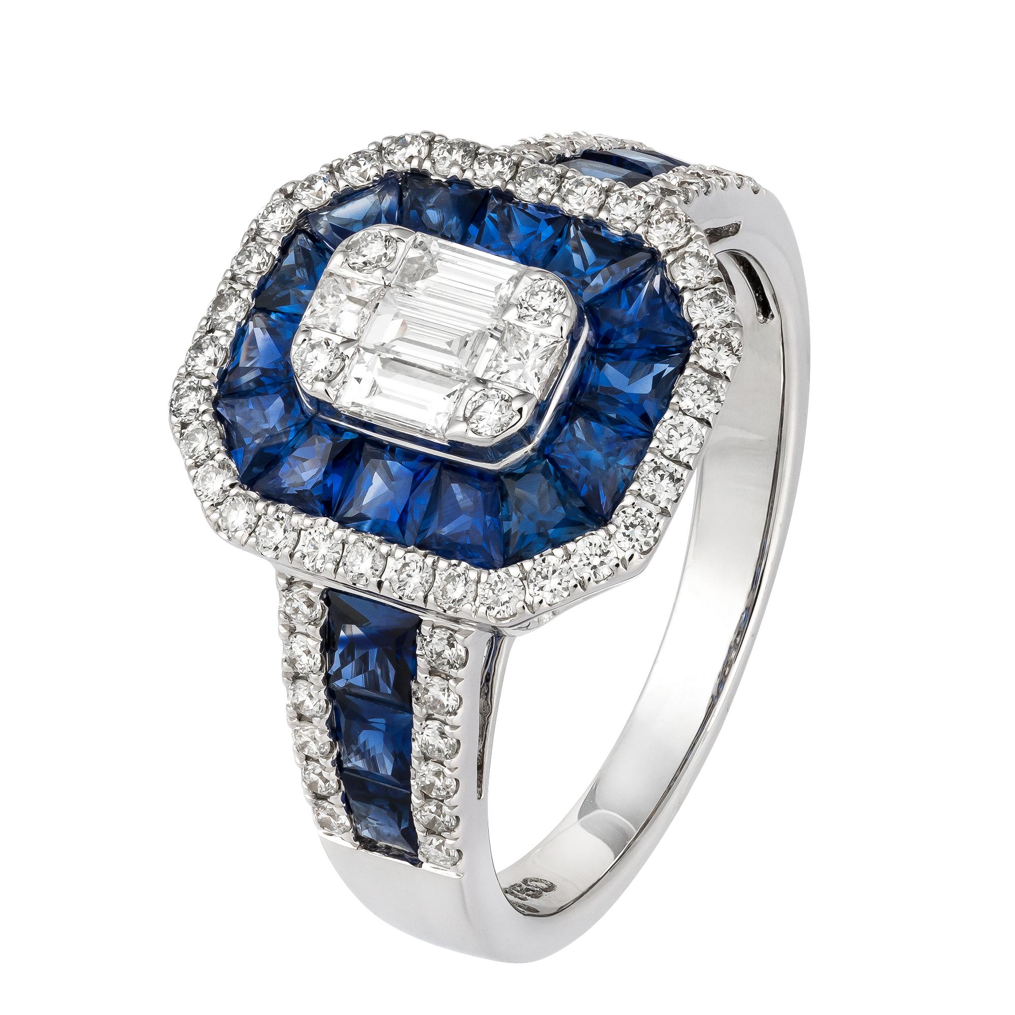 Round Cut Classic Blue Sapphire Baguette Diamond Rose Gold 18K Ring for Her For Sale