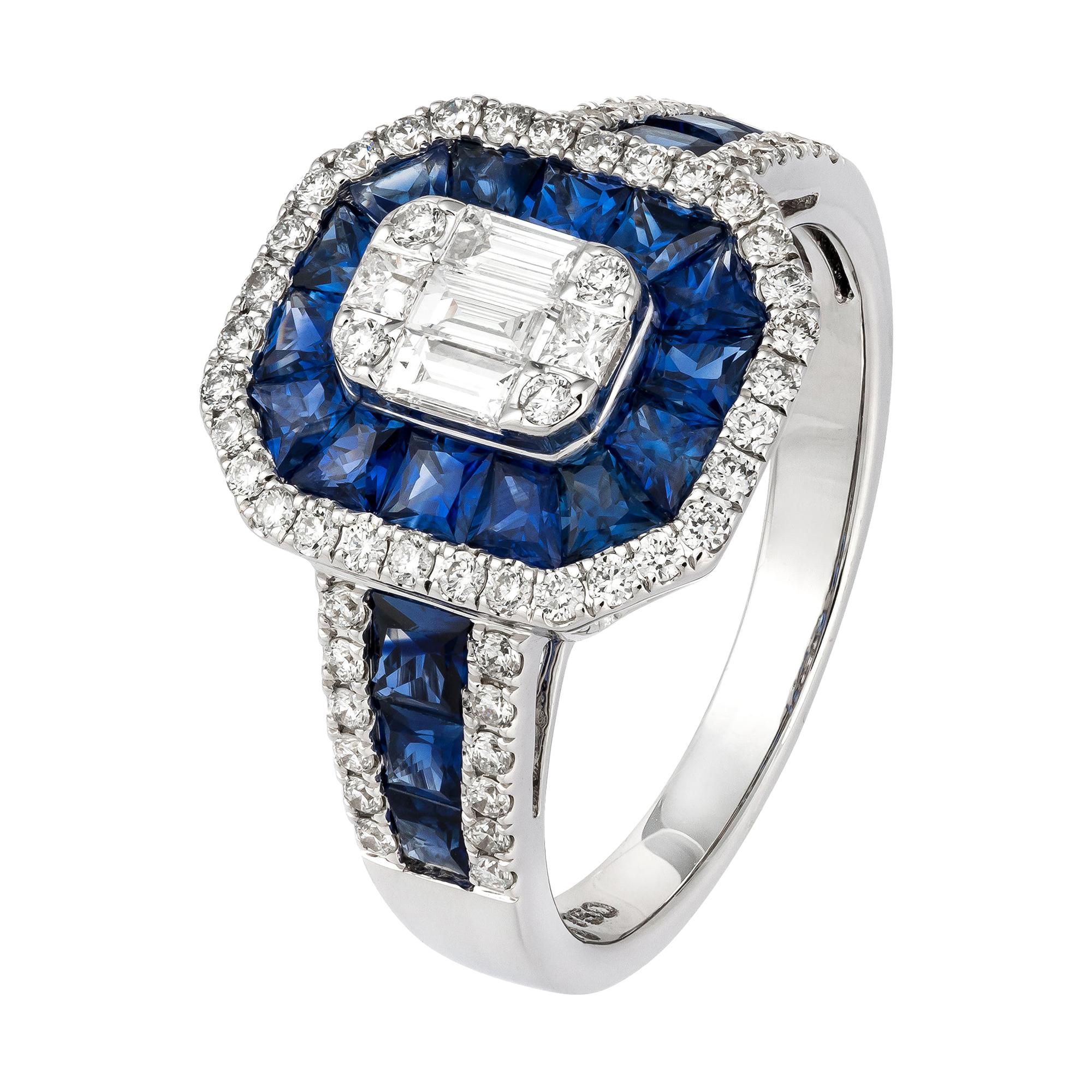 Classic Blue Sapphire Baguette Diamond Rose Gold 18K Ring for Her For Sale