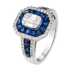 Anello classico con zaffiro blu e diamante baguette in oro rosa 18 carati per lei