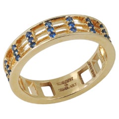 Classic Blue Sapphire Cigar Band Lattice 3 Ring in 18K Gold Settings