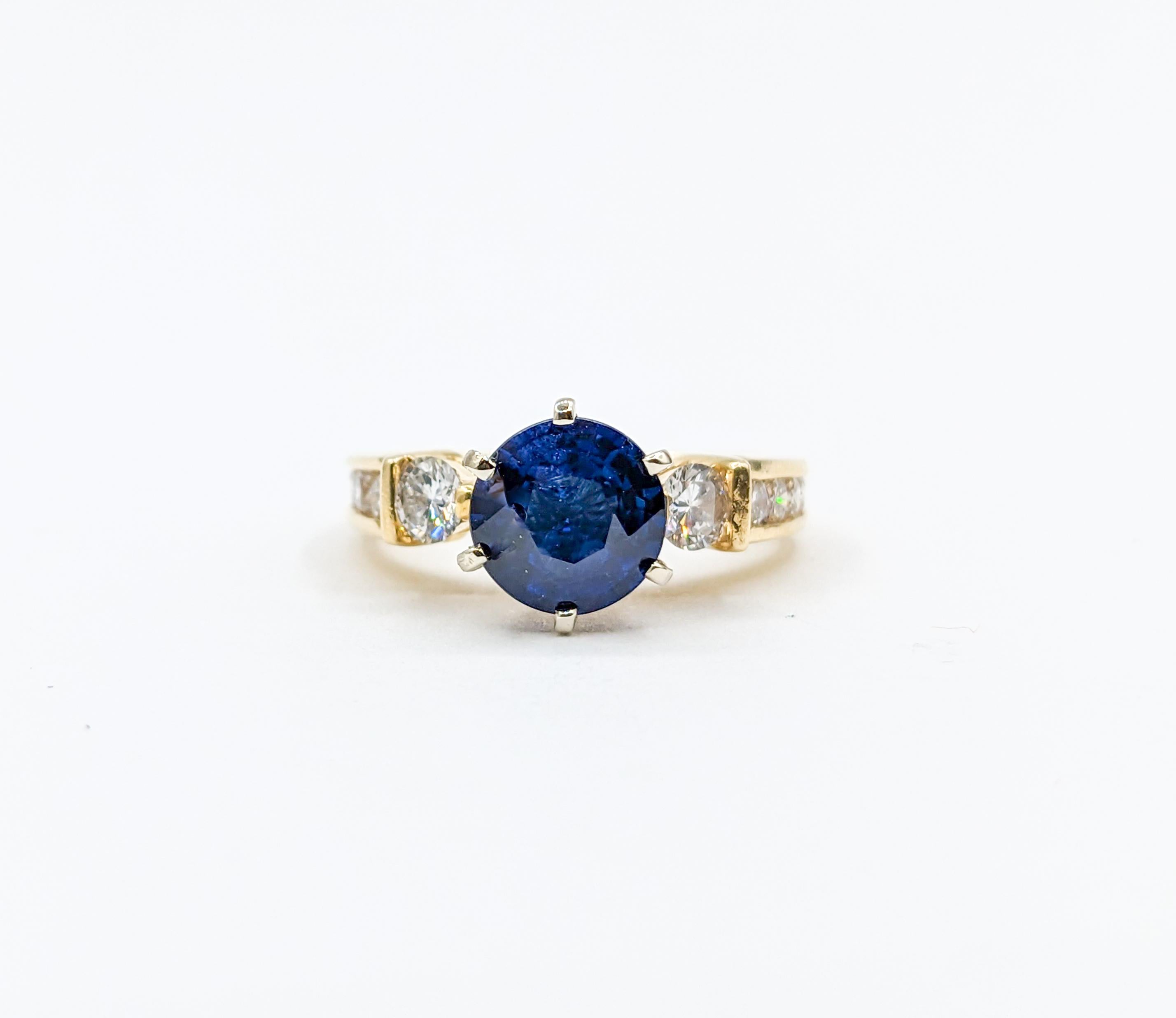 Classic Blue Sapphire & Diamond Engagement Ring

Indulge in luxury with this exquisite engagement ring crafted in 14kt yellow gold. It features a brilliant combination of 0.55 carats total weight of round diamonds that sparkle with SI1 clarity and H