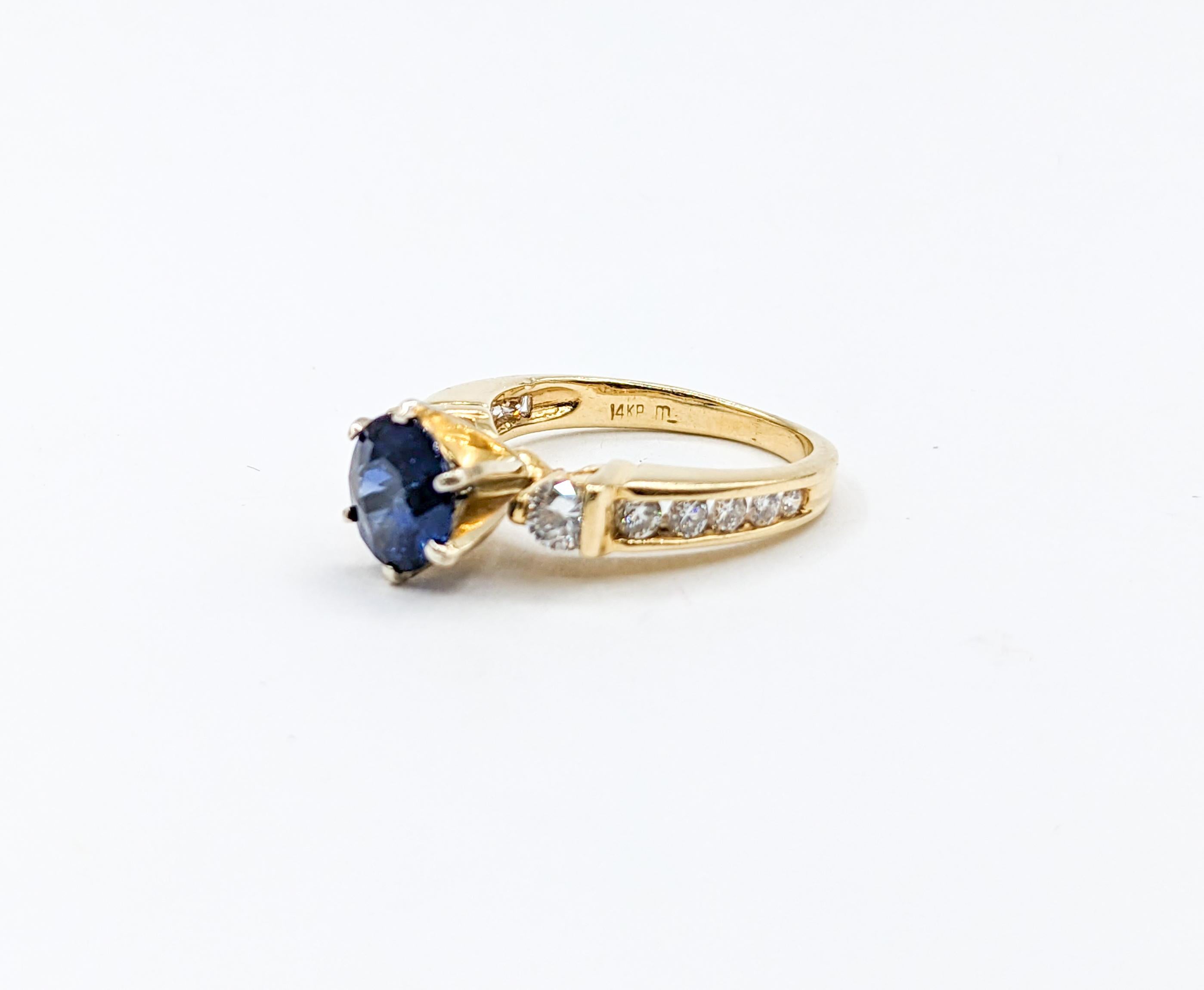 Contemporary Classic Blue Sapphire & Diamond Engagement Ring in 14K Gold For Sale
