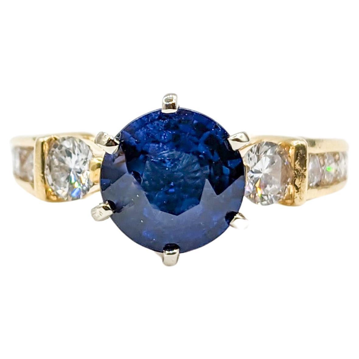 Classic Blue Sapphire & Diamond Engagement Ring in 14K Gold For Sale