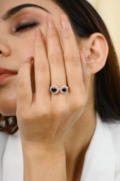 Classic Two Blue Sapphire Diamond Halo Ring 18k Solid Yellow Gold
