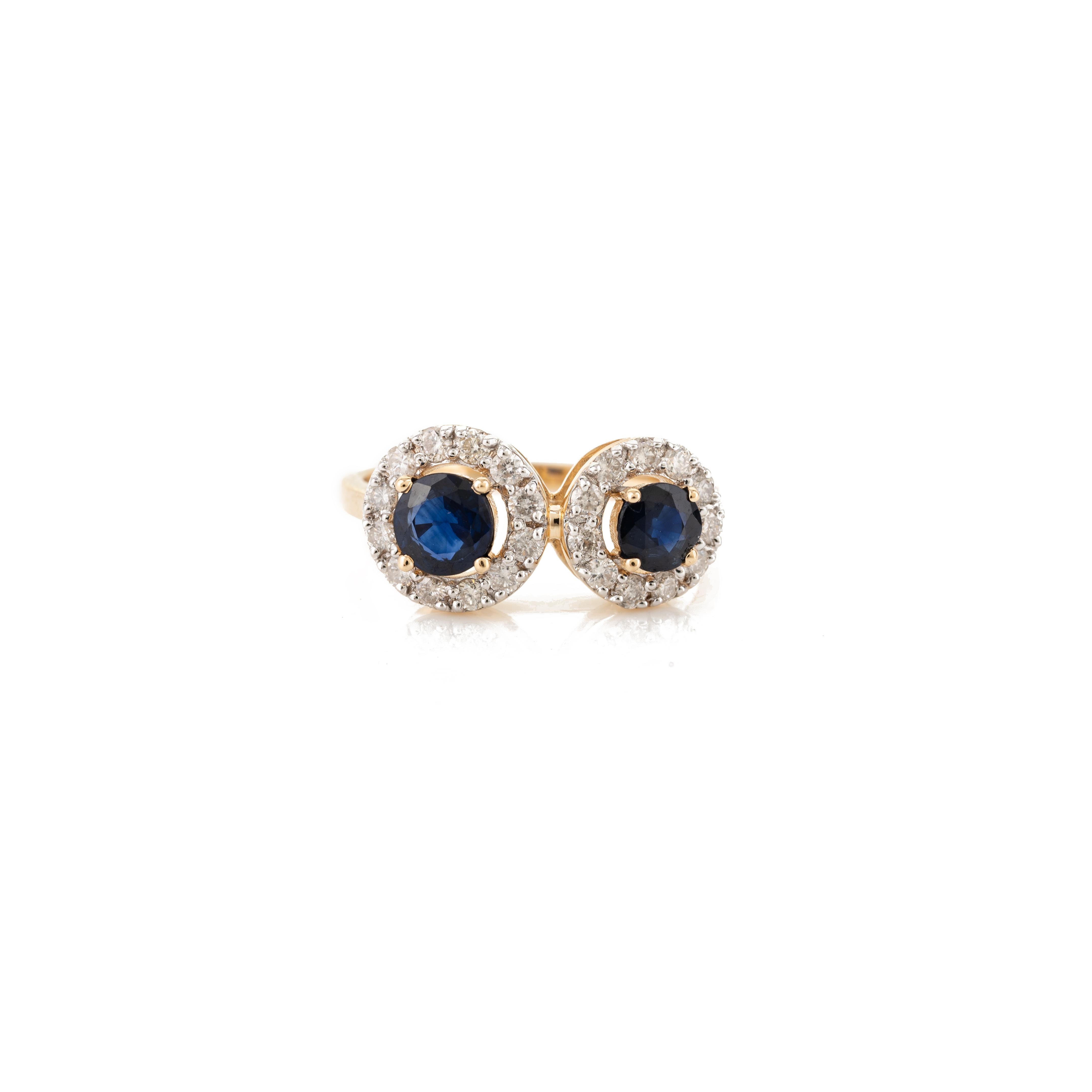 For Sale:  Classic Two Blue Sapphire Diamond Halo Ring 18k Solid Yellow Gold 3