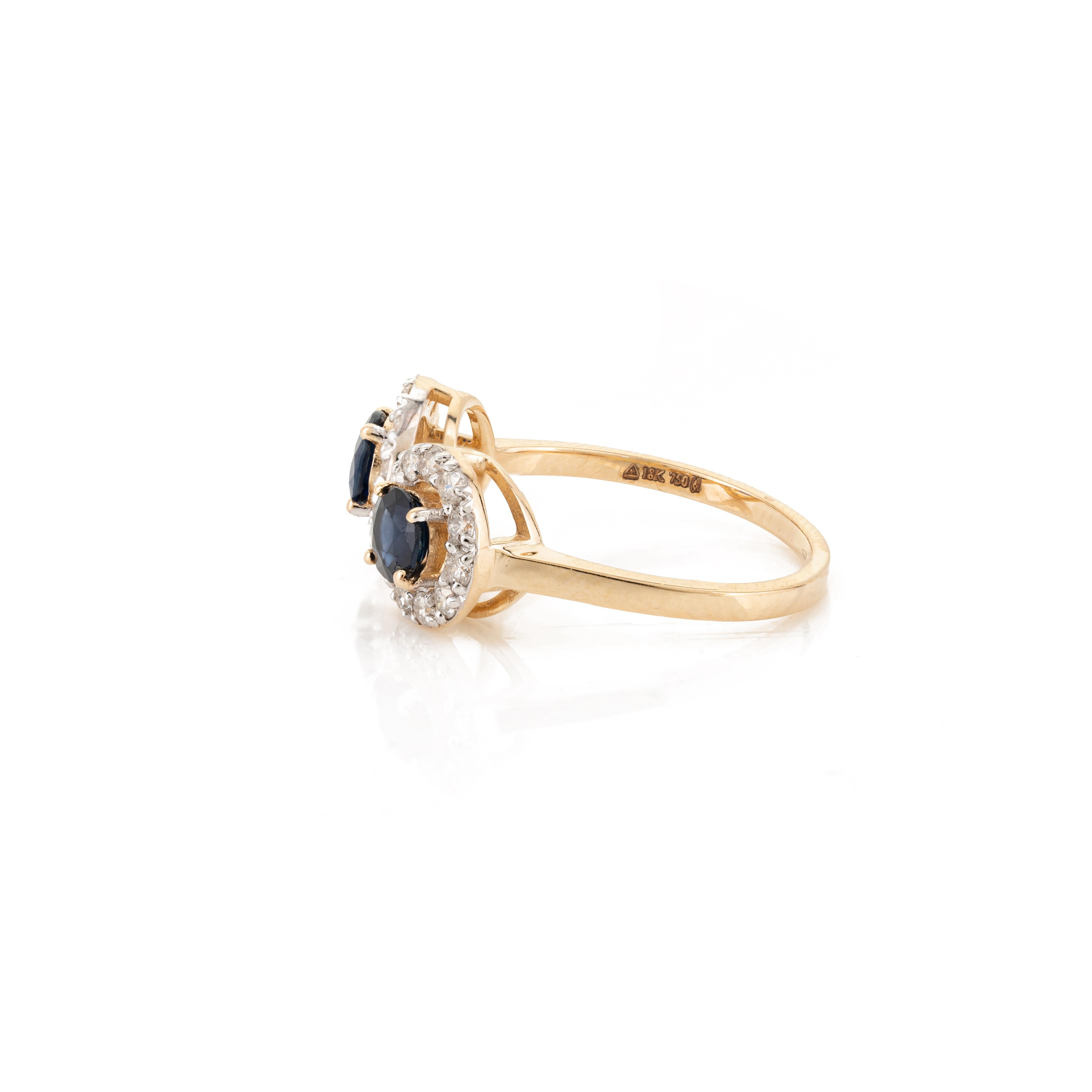 For Sale:  Classic Two Blue Sapphire Diamond Halo Ring 18k Solid Yellow Gold 5