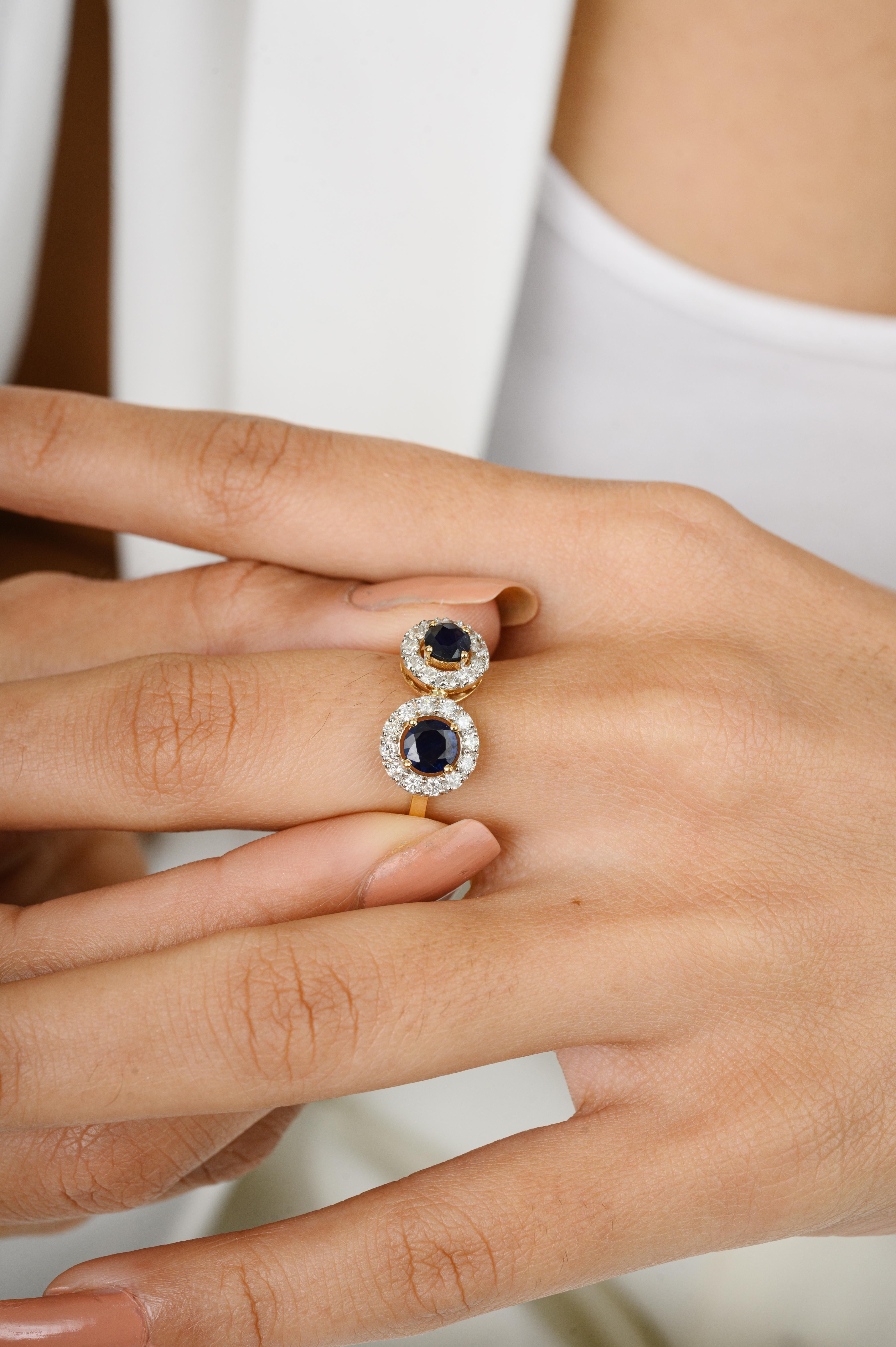 For Sale:  Classic Two Blue Sapphire Diamond Halo Ring 18k Solid Yellow Gold 6