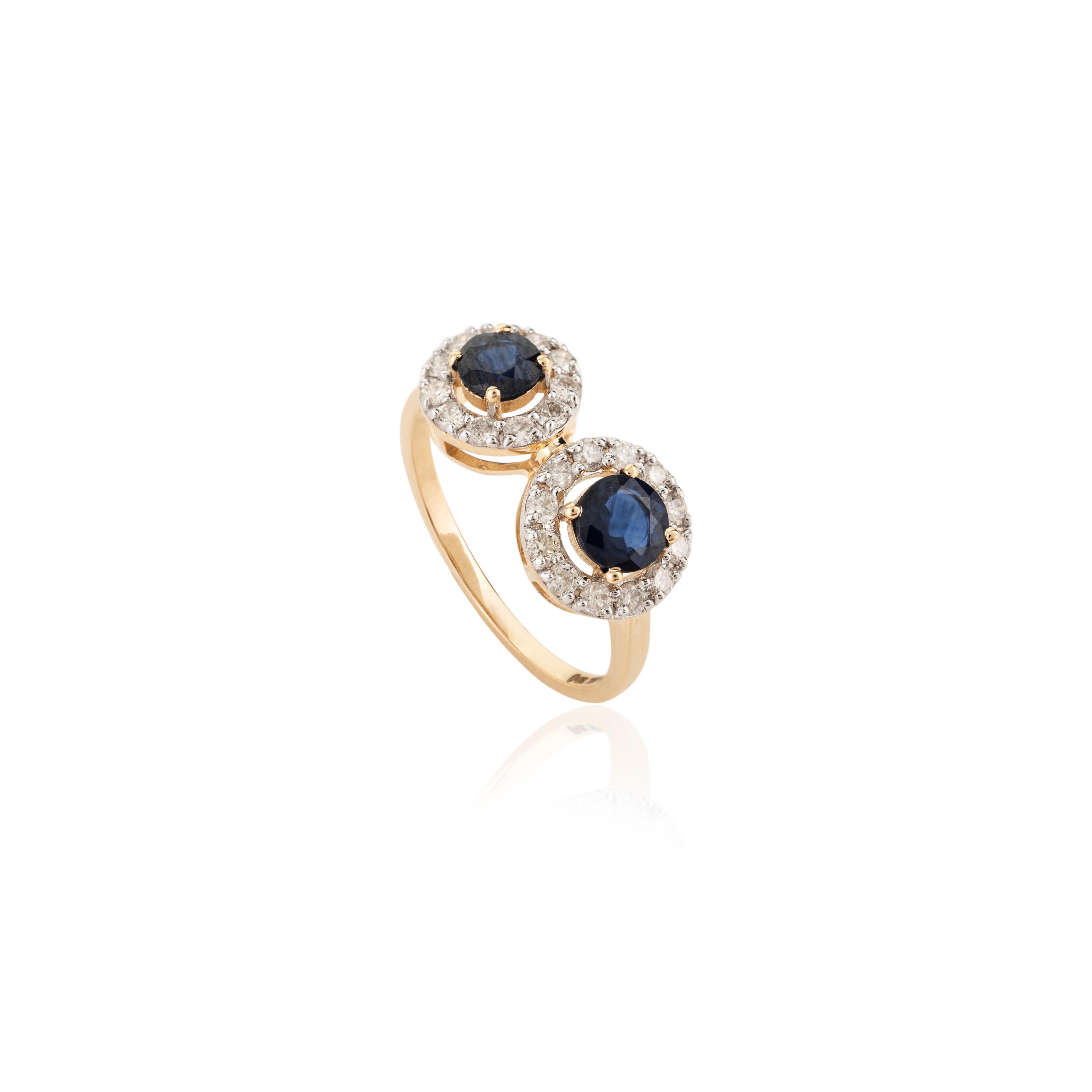 For Sale:  Classic Two Blue Sapphire Diamond Halo Ring 18k Solid Yellow Gold 8