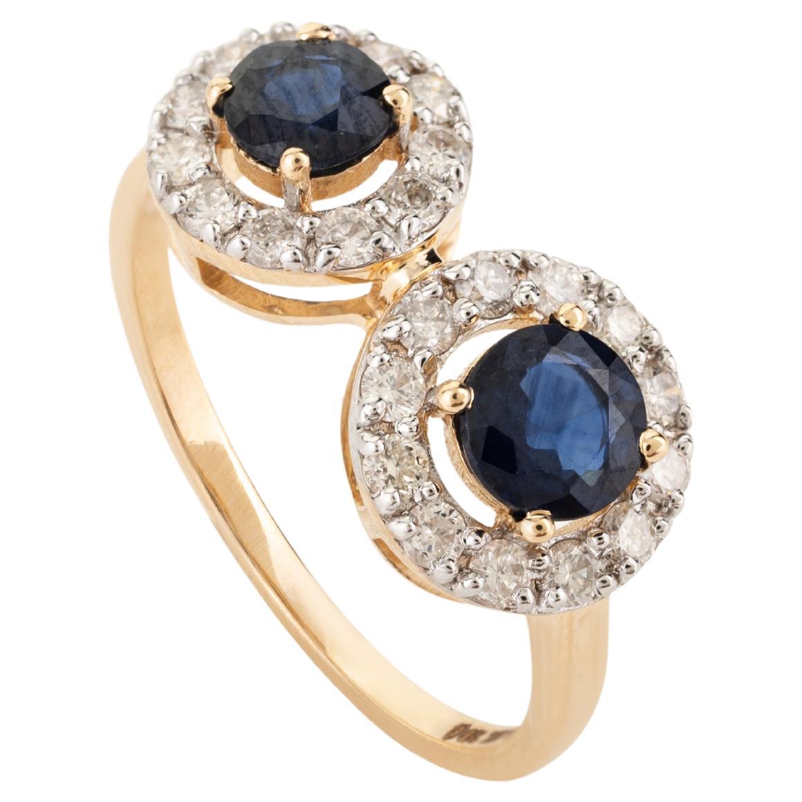 Classic Two Blue Sapphire Diamond Halo Ring 18k Solid Yellow Gold
