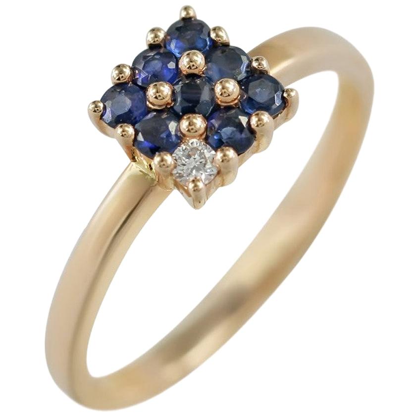 Classic Blue Sapphire Diamond Pink Gold Ring