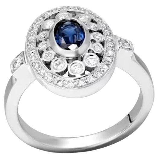Classic Blue Sapphire Diamond White 18k Gold Ring  for Her For Sale