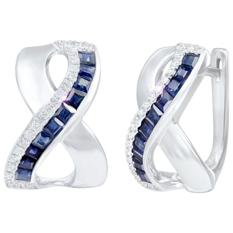 Classic Blue Sapphire Diamond White Gold Earrings For Sale
