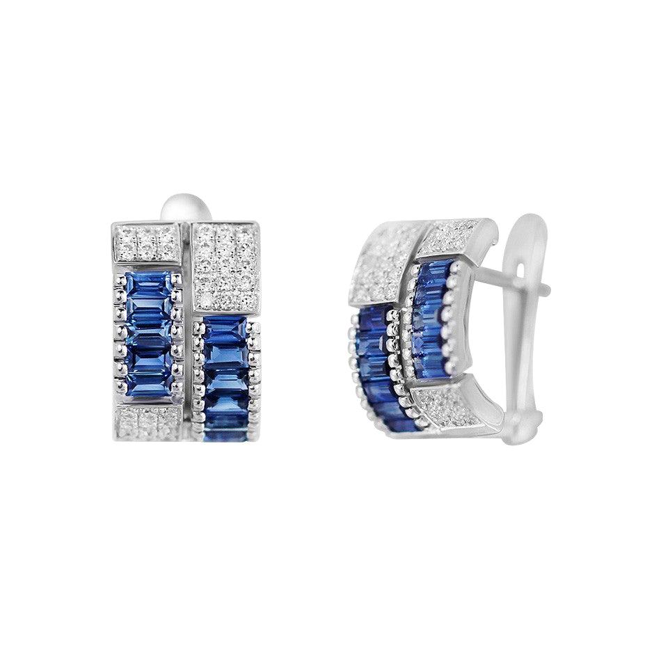 Classic Blue Sapphire Diamond White Gold Earrings For Sale