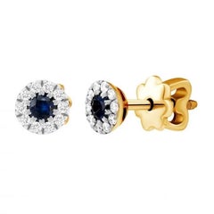 Classic Blue Sapphire  Diamond Yellow 14k Gold Earrings Stud  for Her