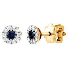 Classic Blue Sapphire  Diamond Yellow 14k Gold Earrings Stud  for Her