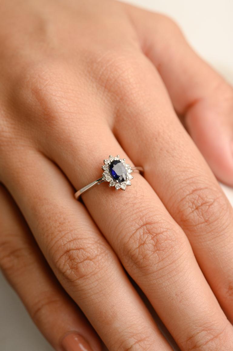 For Sale:  Classic0.43 Ct Blue Sapphire and Halo Diamond Ring in 14k Solid White Gold  2