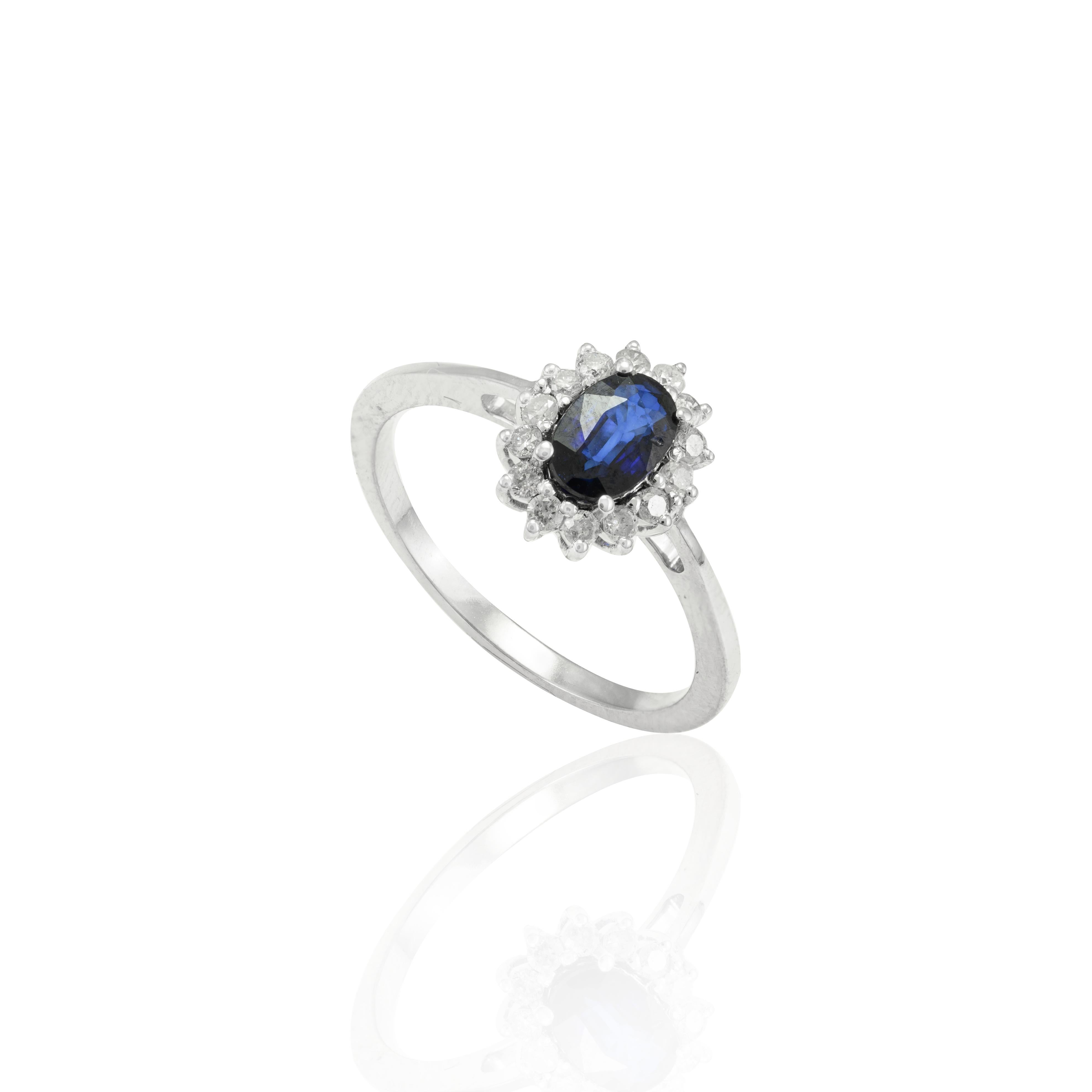 For Sale:  Classic0.43 Ct Blue Sapphire and Halo Diamond Ring in 14k Solid White Gold  3