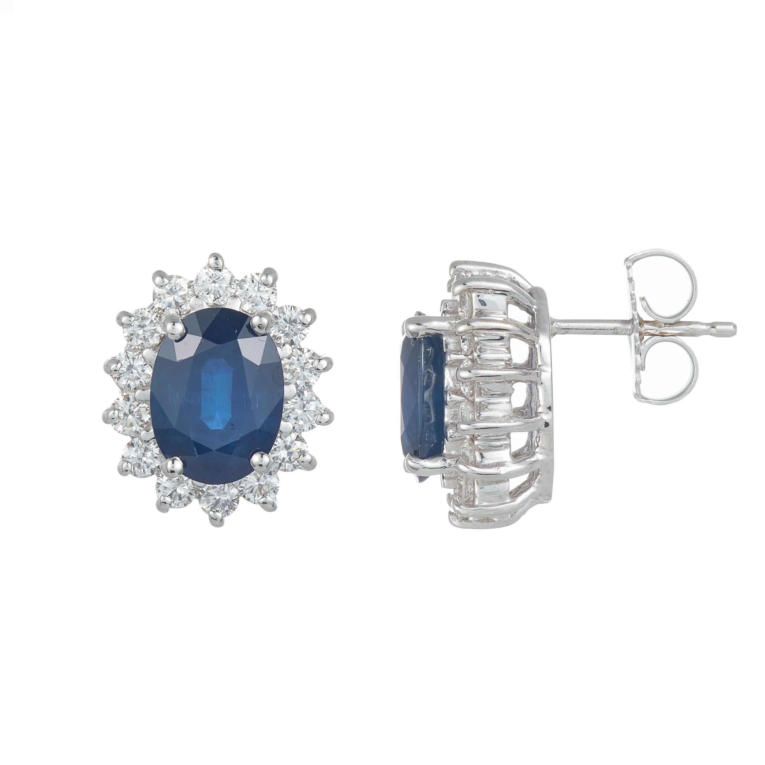 Stones: 2 Blue Sapphires at 3.50 Carats Total Weight
Accent Stones: 28 Round Brilliant Diamond at 0.80 Carats Total Weight - Color- SI/ Clarity: H-I
Metal: 14K White Gold

Fine one-of-a-kind craftsmanship meets incredible quality in this