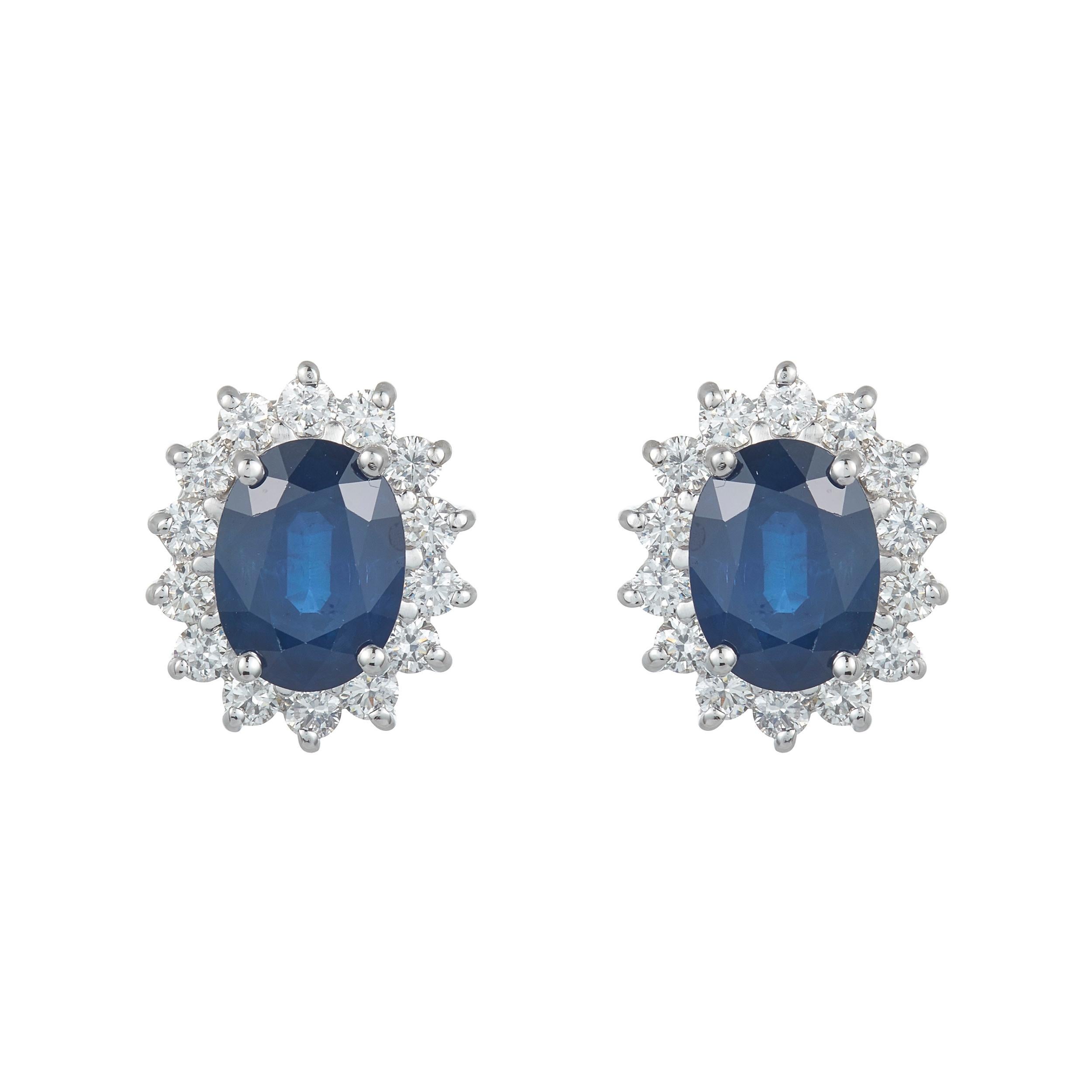 Round Cut Classic Blue Sapphire Halo Stud Earrings Round Diamond 14K White Gold Diana For Sale
