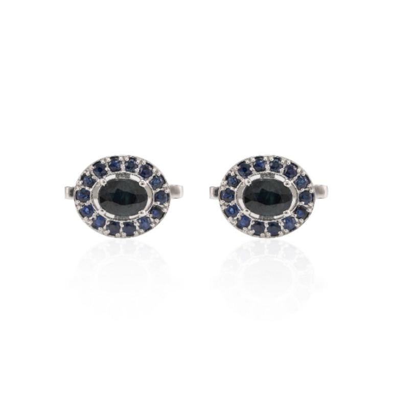 Mixed Cut Handmade Classic Blue Sapphire Halo Cufflinks in 925 Sterling Silver For Sale