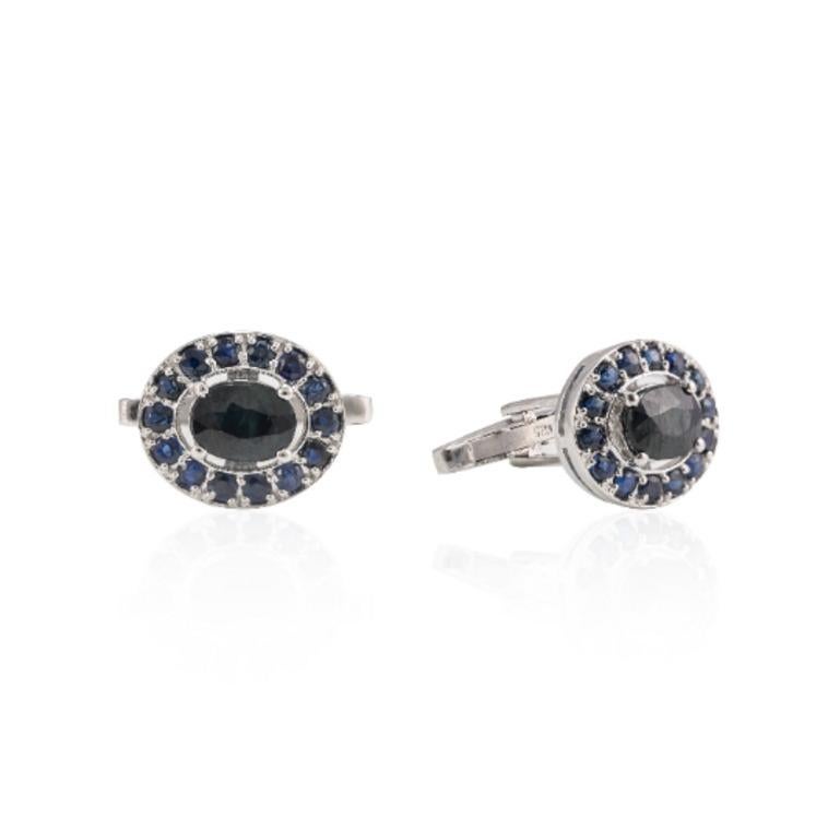 Women's or Men's Handmade Classic Blue Sapphire Halo Cufflinks in 925 Sterling Silver For Sale