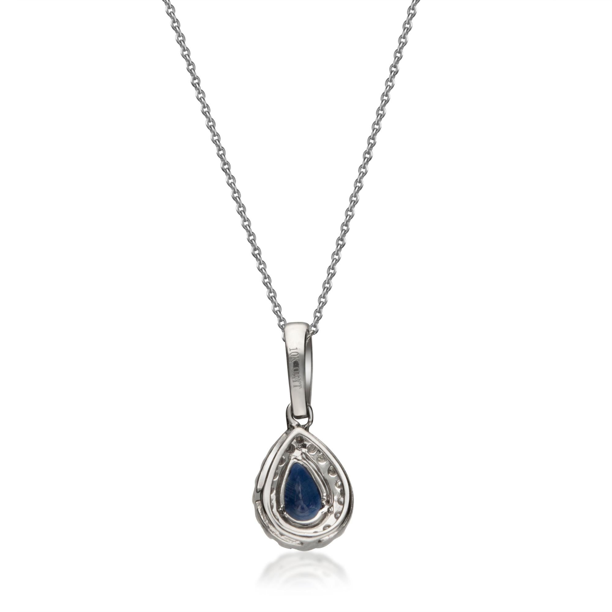 Classic Blue Sapphire Pear Cut and White Diamond 10K White Gold Pendant In New Condition For Sale In New York, NY
