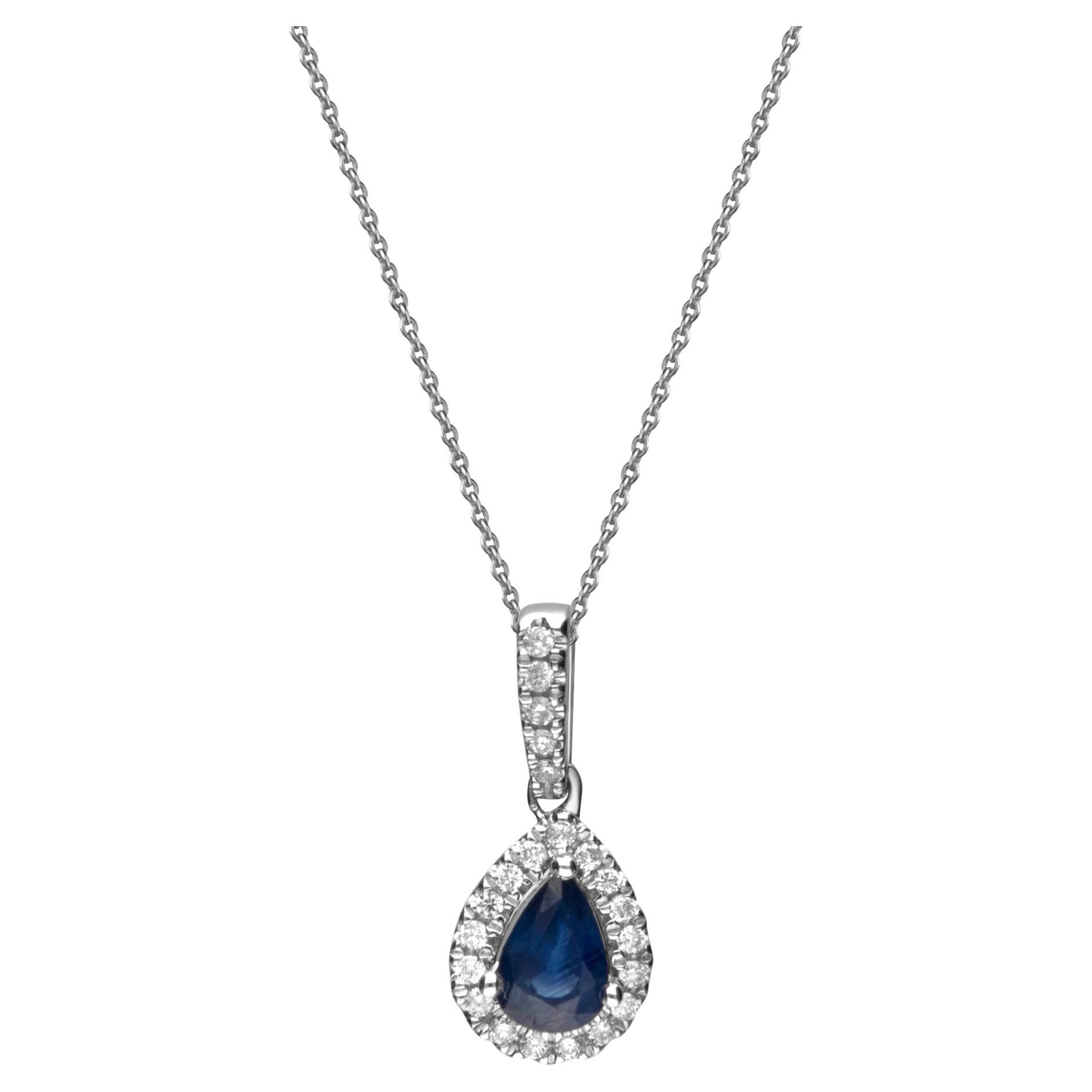 Classic Blue Sapphire Pear Cut and White Diamond 10K White Gold Pendant For Sale