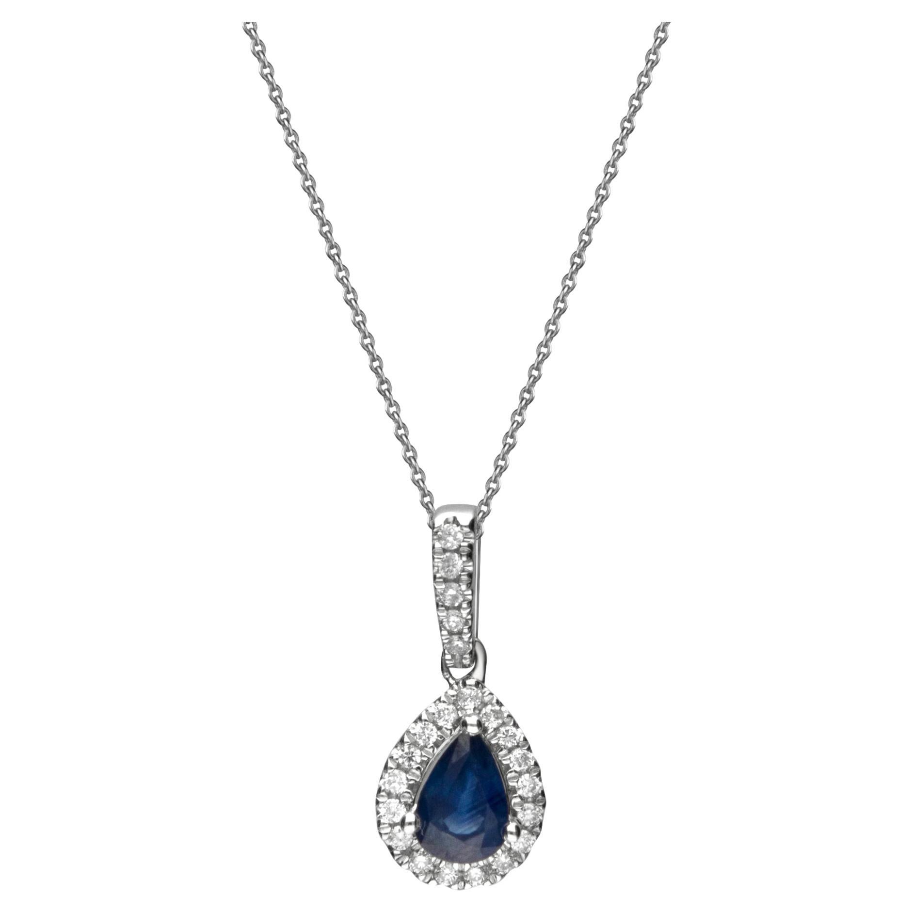 Classic Blue Sapphire Pear Cut and White Diamond 10K White Gold Pendant