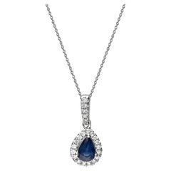 Classic Blue Sapphire Pear Cut and White Diamond 10K White Gold Pendant