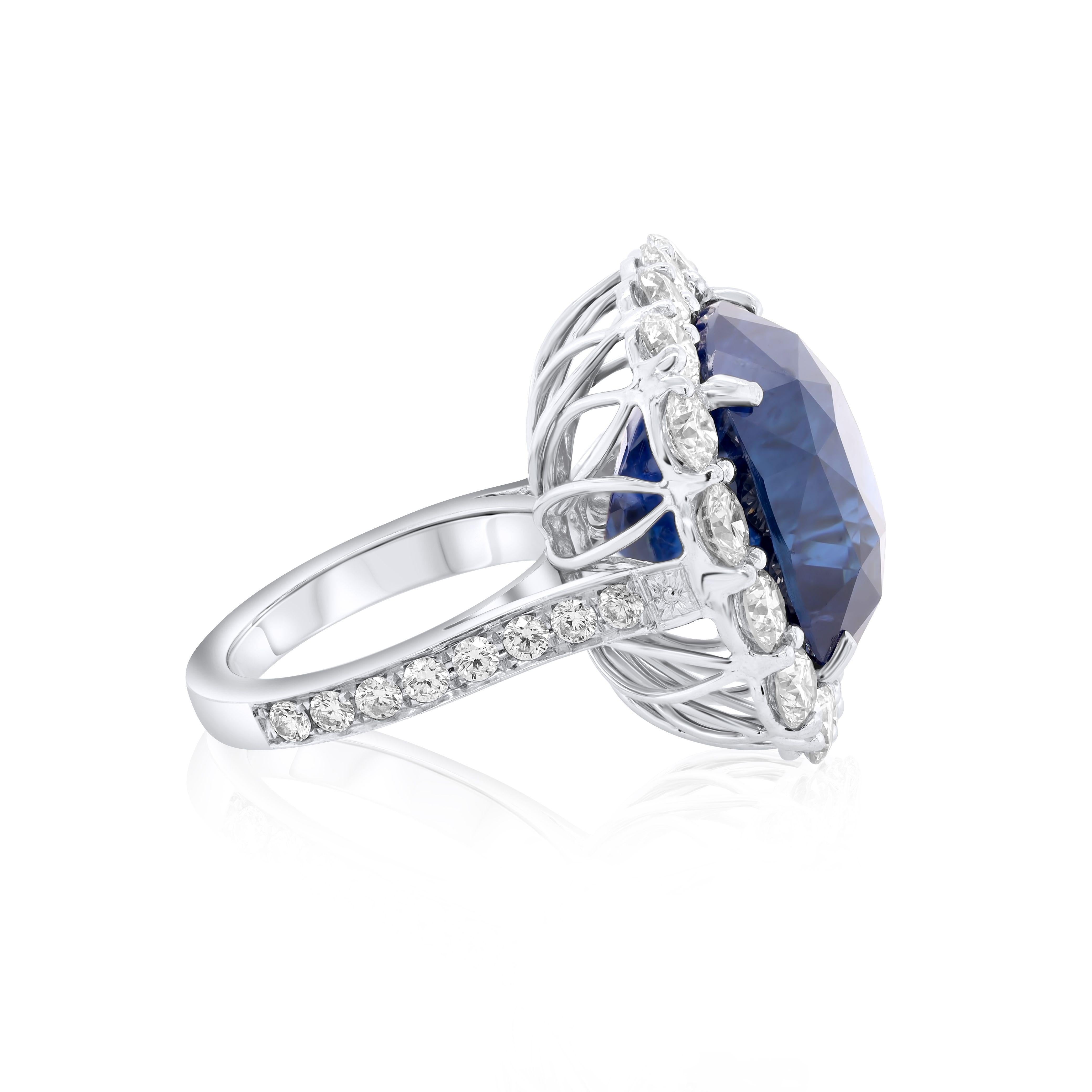 Antique Cushion Cut Classic Blue Sapphire Ring in Platinum Setting with Round Diamonds For Sale