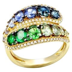 Classic Blue Sapphire Tsavorite Diamond 18K Yellow Gold Ring for Her