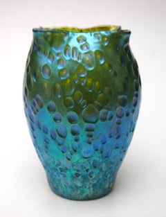 Classic Bohemian Loetz Crete Diaspora glass vase in blue over greenc 1902